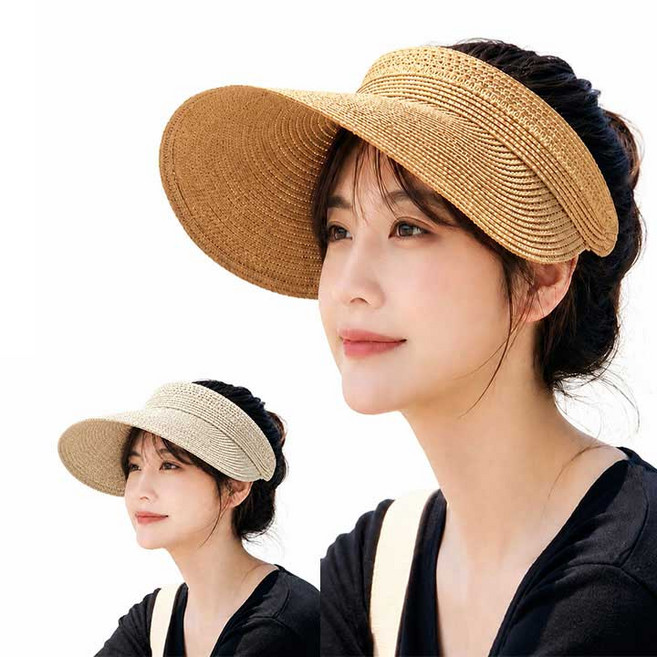 PRS 1+1여성용 여름 라탄 썬캡 와이드챙 밀짚모자 자외선차단 돌돌이 햇빛가리개 비치모자