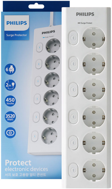 필립스 맥스 서지보호멀티탭 고용량 개별스위치 고속충전, 2m, 화이트 6구 CHP6760WA