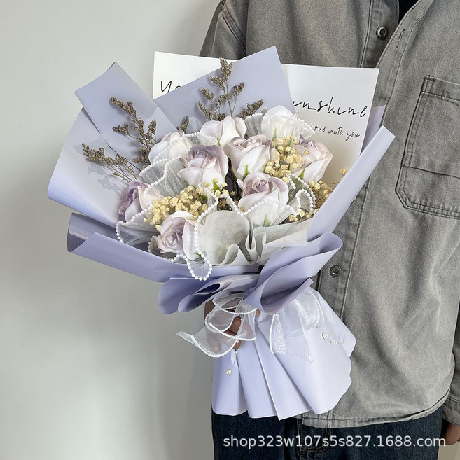 成品玫瑰花花束仿真花香皂花永生花女孩生日禮物閨蜜女友情人節, 香芋波波:1個