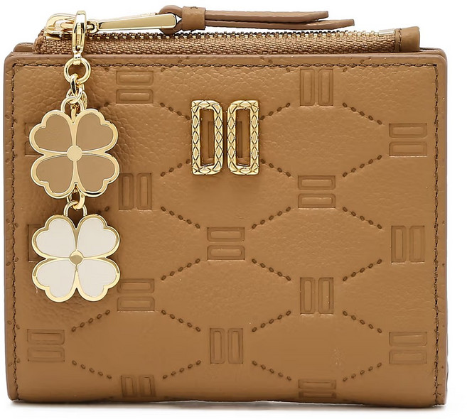 닥스 여성 브라운 천연 소가죽 DD 로고 플라워 참장식 지퍼형 슬림 2단 반지갑
