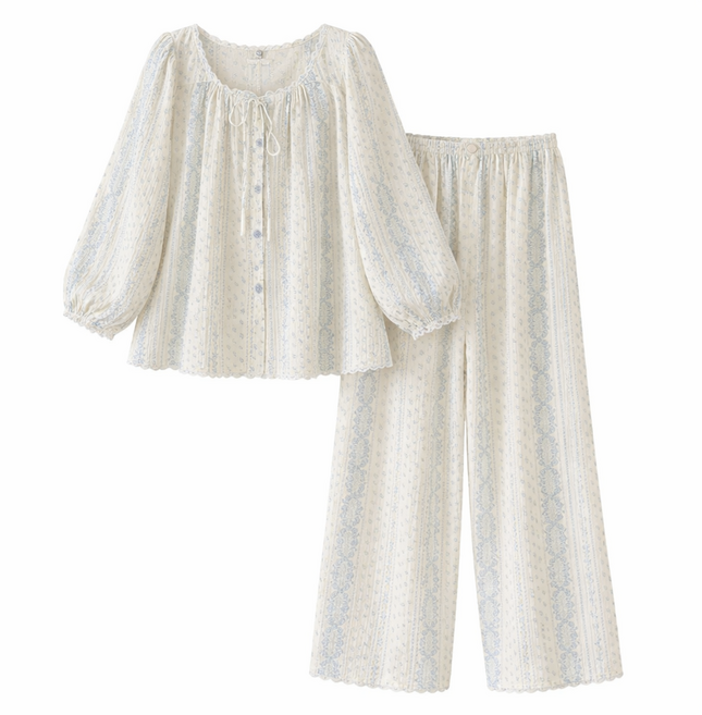 여성 부드러운 긴팔 잠옷 플라워 홈웨어 파자마