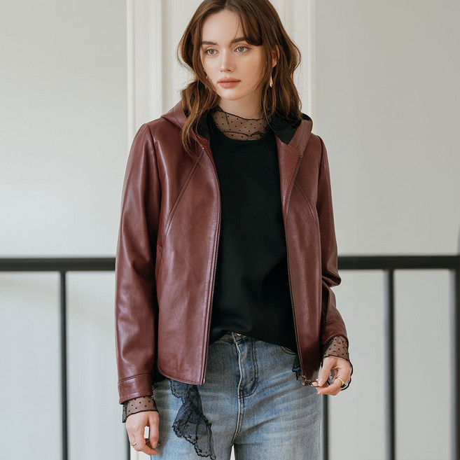 [양가죽] 미니멀 절개 후드 레더 자켓