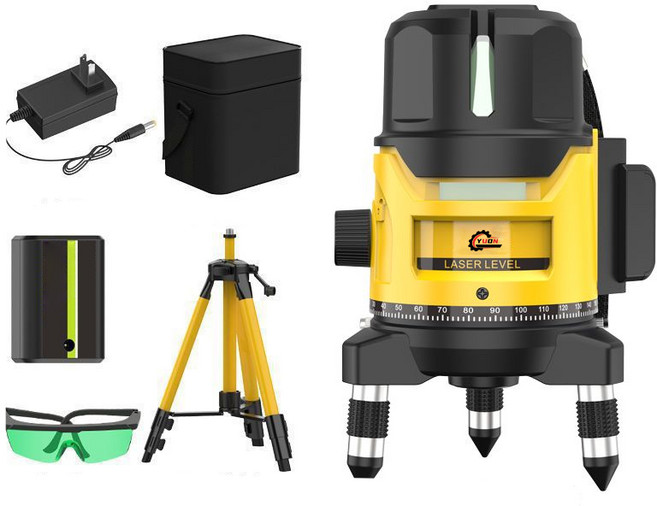 YUDN 자동 2라인 3라인 5라인 레이저 레벨기 그린 라이트 거리 측정기 휴대용, 2라인(베터리2개)+낙하방지 포장+삼각대 풀세트, 1개