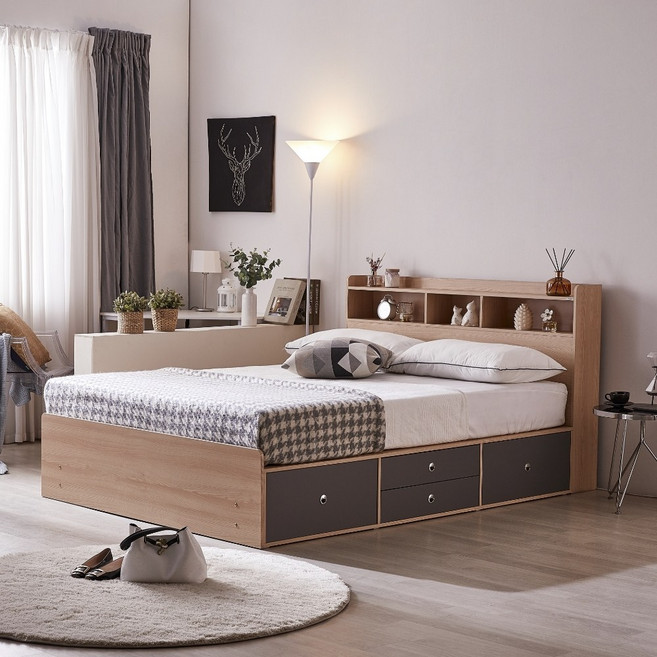 동서가구 레몬 수납헤드 2단수납 퀸 침대프레임 DF907939, 메이플그레이 콤비