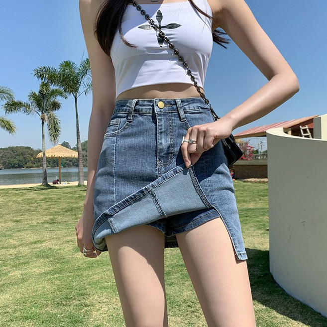 牛仔短裙 高腰 開叉 彈性 半身裙 包臀裙 a字裙 夏季 女裝 休閒 穿搭 修身 短裙 時尚 裙裝 百搭 裙褲 防走光 復古風 透氣+復古藍+2XL
