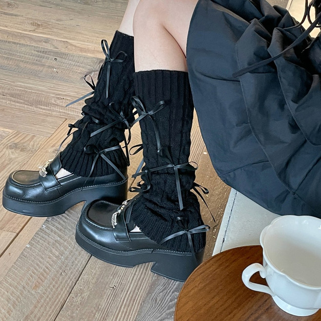 하이유니 발레코어 공단리본 꽈배기 니트 발목 토시 다리 레그 워머 40cm