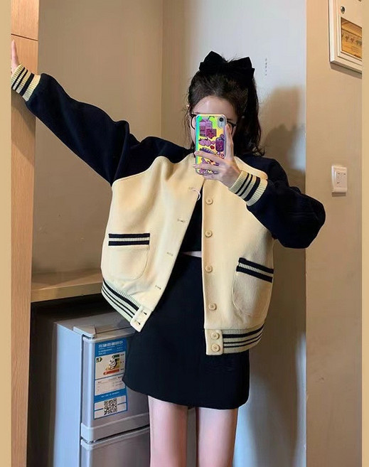撞色復古棒球服夾克女 春秋新款薄款 小個子寬鬆長袖外套