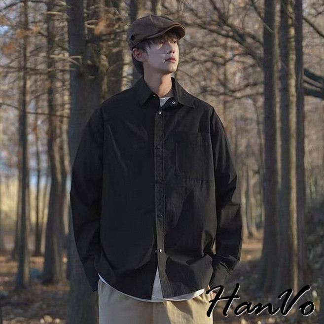HanVo 男款翻領休閒工裝襯衫 - 高級質感潮流百搭上衣 日系冬季衣著 B02-2055