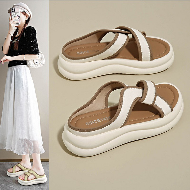 꽃소담 여성 통굽 크로스 키높이 슬리퍼 발편한 일상 여름샌들 4cm HZHF1928