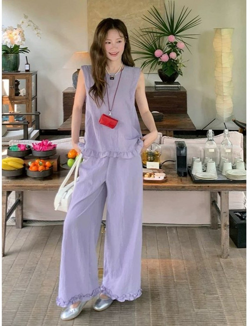 COSYEVNO 여름 캐주얼 세트 여성 빅사이즈 프릴 루즈핏 민소매+와이드 팬츠 투피스