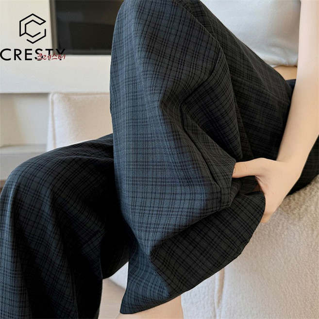 크레스티 여성 데일리 통기성 와이드팬츠 체크 심플 쾌적 롱 팬츠