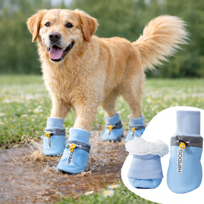 강아지 봄 산책 신발 미끄럼방지 애견 신발 중형견 대형견 발 보호 신발 4개입, 블루 기모안감, 1세트