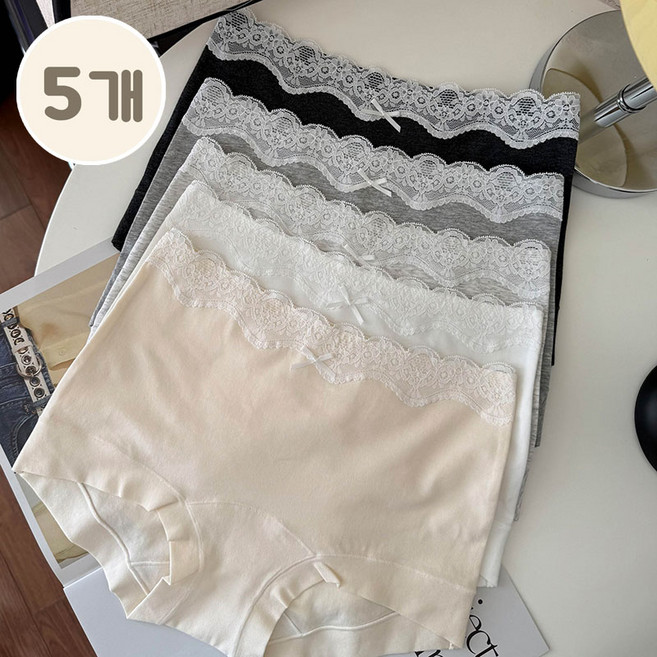 ZAJA 편안한 여성 팬티 데일리 레이스장식 면 팬티 5P