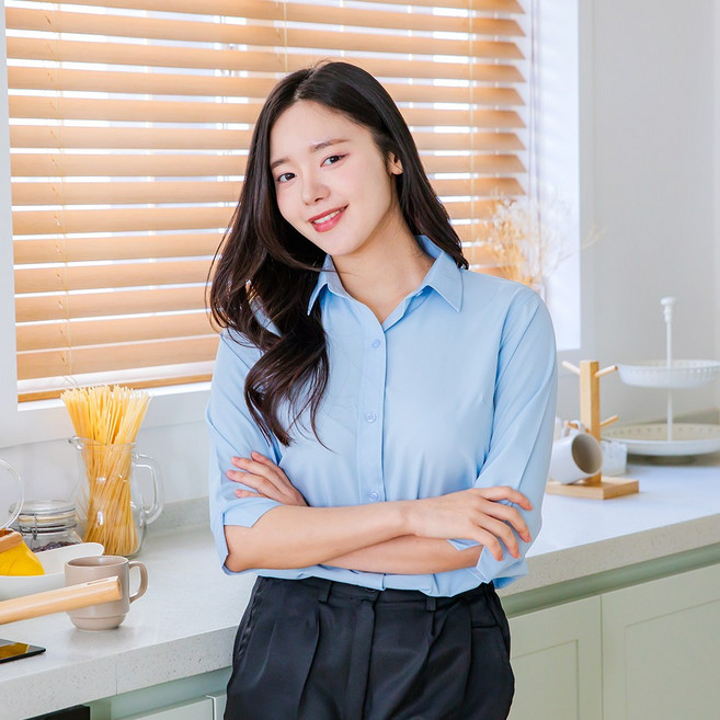 5위 - 여성 7부 셔츠 블라우스 스판 유니폼 매장 근무복 식당 단체복 블랙 화이트 블루 55~99 빅사이즈 당일발송
