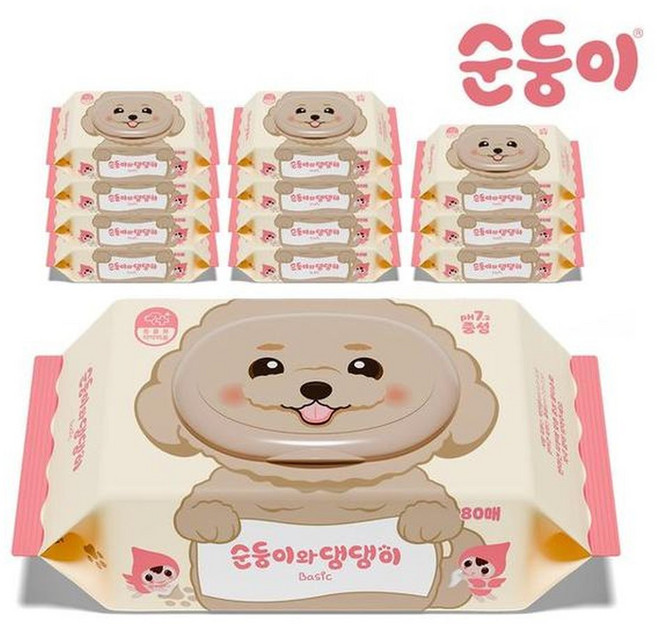 순둥이 댕댕이 강아지물티슈 베이직 캡형 80매 12팩, 80개입, 12개
