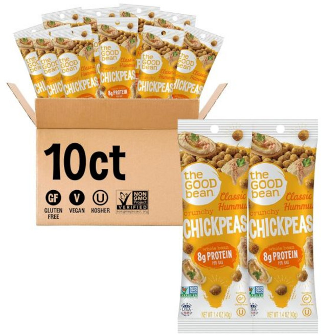 The Good Bean 베지터블 비건 과자 스낵 더 굿 빈 크런치 피스 바다 소금 10개입 1.4온스 팩 구운 병아리콩 스낵으로 식물성 단백질과 섬유질이 풍부한 간식, 클래식 후무스, 1개, 40g
