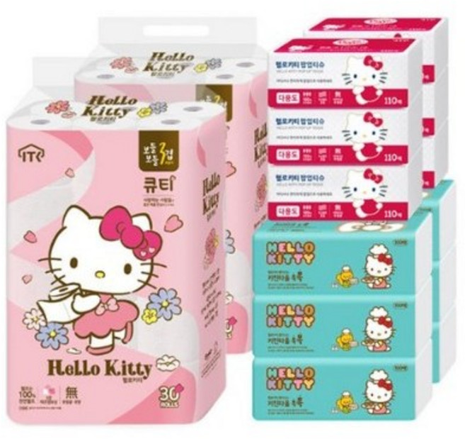 헬로키티 큐티 3겹 화장지 30롤 2팩 + 팝업티슈 110매3입 2팩 + 키친타올 100매3입 2팩, 1세트, 30개입