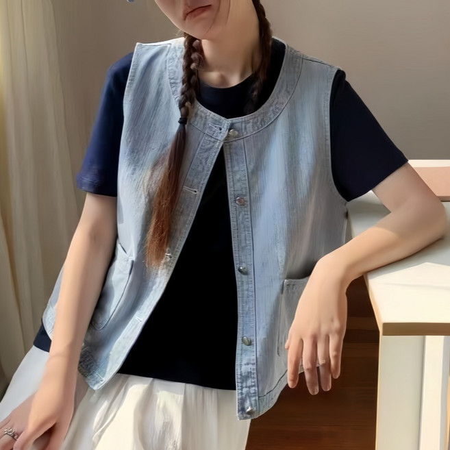 Makone 여성 라운드넥 빈티지 데님 베스트 심플 데일리 청조끼 레이어드