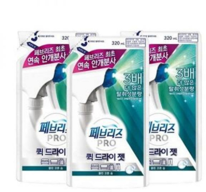 페브리즈 프로 퀵 드라이 젯 섬유탈취제 리필 클린 코튼 솝, 320ml, 3개