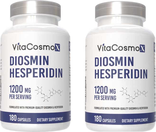 VitaCOS 코스moX Diosmin 헤스페리딘 1200mg 복합체 180캡슐 시트러스 바이오플라보노이드 풍부한 과일 추출물 100% 채식주의자 GMO 프리 및 글루텐, 2개, 180정