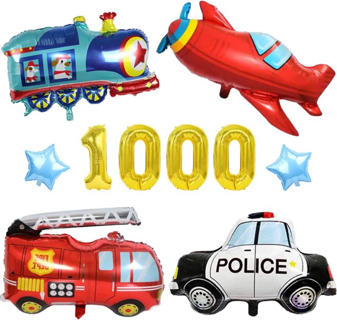 파파 파티 (대형) 소방차 경찰차 자동차 비행기 숫자 풍선 세트, 1세트, 숫자 1000 + 탈것 4p