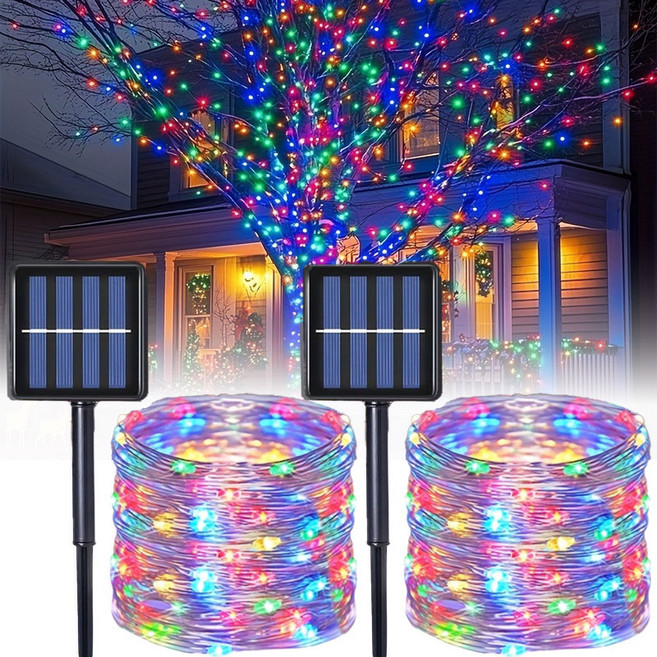 KELAKE 태양열 와이어 전구 100구 2개 태양광 정원등 LED 줄조명 12M+12M 마당 조명 장식, 다색광
