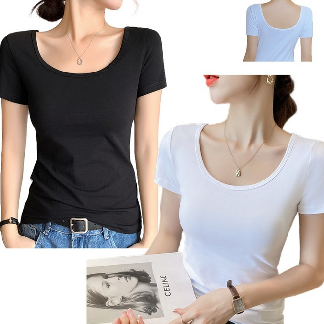 여성 더블 빅 U넥 면 무지 반팔티 화이트1+블랙1