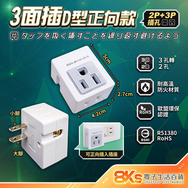 節能壁插分接器 防火PC材質 BSMI字號R51380, 1個, 款式6 D型正向三面插, 白, 50mm