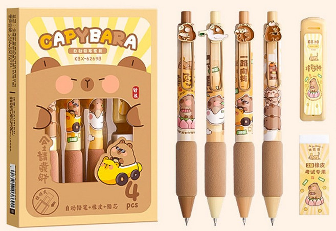 걸스코코 [4종세트]카피바라 샤프세트 연필 필기도구 지우개 샤프심 새학기 학생, 브라운