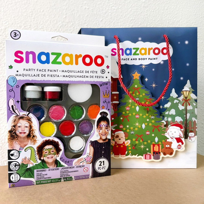 X-MAS 선물용쇼핑백 영국 스나자루 페이스페인팅 파티 세트 12색 물감+글리터젤+브러시+스펀지 포함 미술놀이 크리스마스 선물, 1개, XMAS쇼핑백포함
