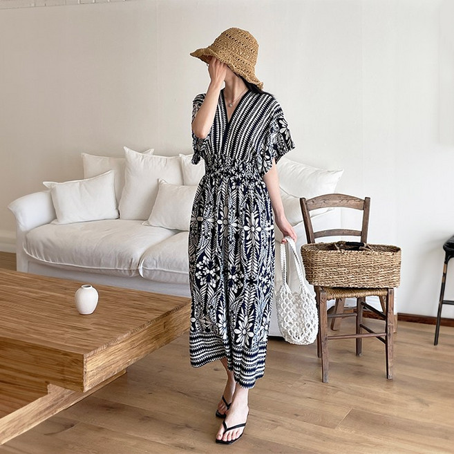마쿠쿠 브이넥 보헤미안 히피 에스닉 반팔 여성 쉬폰 롱 원피스 휴양지 바캉스