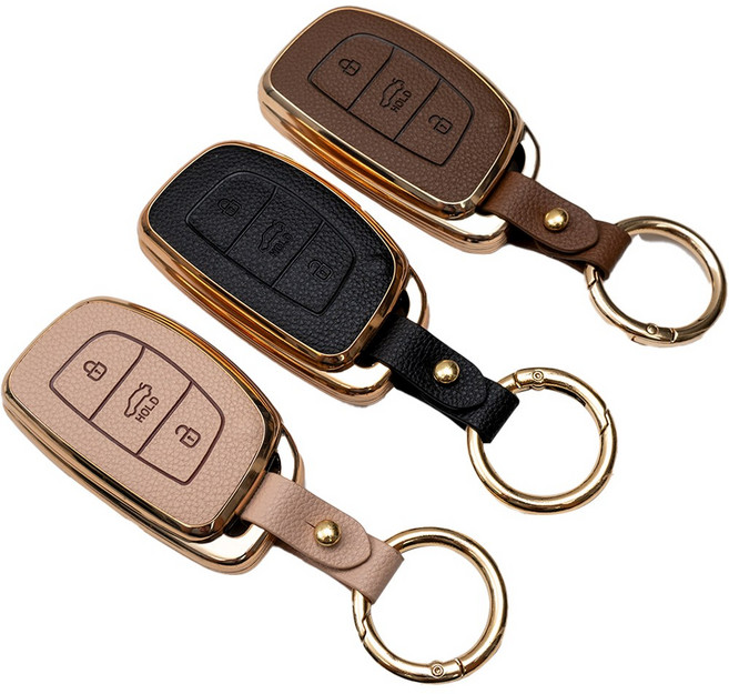 1+1 현대 투싼 IX 엑센트 아반떼 호환 자동차 키케이스 차량용 스마트키 키홀더 TPU 가죽 키커버, 아이보리+아이보리, 3버튼_TL26