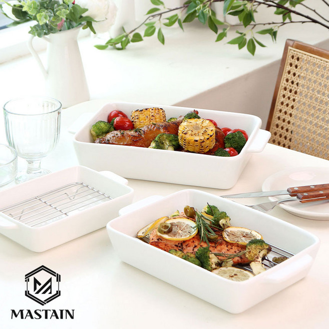 MASTAIN 내열 세라믹 오븐 밧드 에어프라이어 그라탕 용기 그릇 오븐용 트레이, 1세트, S 밧드+S 망