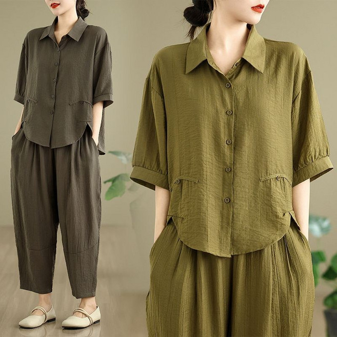 FINE ART 여자 린넨 반팔 셔츠 배기 바지 상하세트 면마 투피스 빅사이즈 남방 + 와이드팬츠 데일리