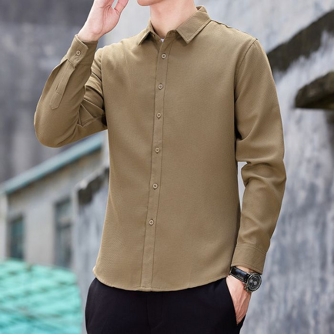 川月商行 秋季新款小華夫格長袖襯衫男 免燙抗皺修身襯衫