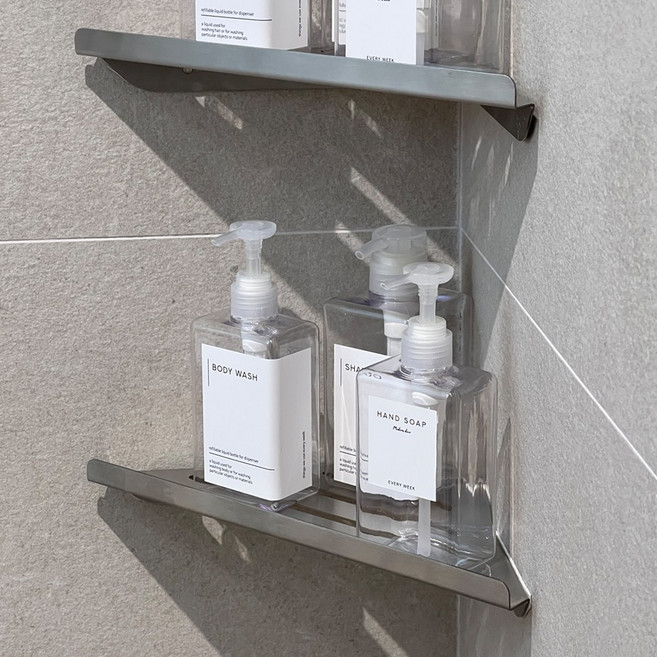 에브리윅 무타공 부착식 304 스텐 무광 코너 선반, 실버, 2개