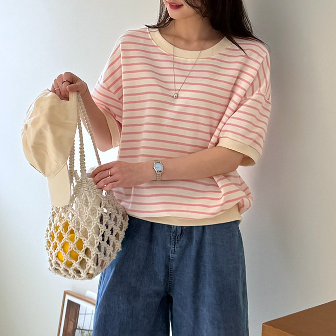 데일리앤 앨런 자체제작 여성 루즈핏 반팔 맨투맨 기본 면 스트라이프 티셔츠 봄 여름 가을