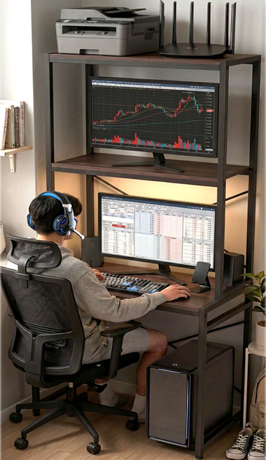 선반책상 3단책상 좁은 공간 책상 수납 컴퓨터 책상, 월넛