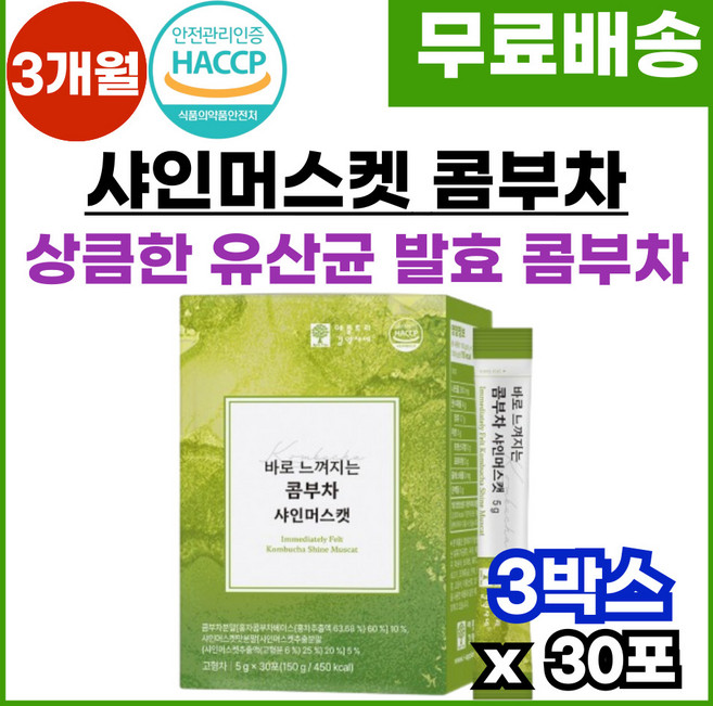 샤인머스캣 콤부차 포도콤부차 상큼한 콤푸차 발효 콤푸차 유산균 HACCP 식약처인증 물에 타먹는 과일맛 콤부차, 5g, 3개