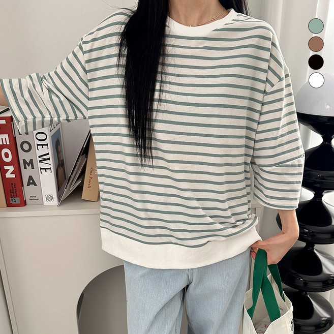 디테일웨어 여성 벌룬 단가라 맨투맨 빅사이즈 7부소매 티셔츠 특양면 스트라이프 임산부 여자맨투맨 편한 데일리룩
