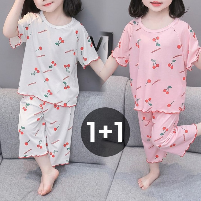 여아 체리 포인트 프릴 반팔 여름 파자마