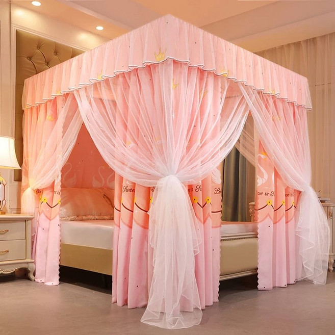 사각난방텐트 침대텐트 방한 암막 수면 다크그린 모기장 보온 슈퍼싱글, 1개, F. 핑크