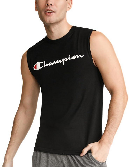Champion 챔피온 남성용 머슬 탱크 클래식 그래픽 티 민소매 티셔츠 (Reg. or Big & Tall) 스칼렛 - 스크립트 로고 S_158838, XL_158838, 표준, 블랙 - 클래식 스크립트 로고