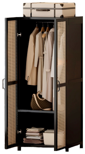 簡約風透氣衣櫃，加深加大容量多層儲物，堅固耐用臥室收納家具, 方型塑藤二門-黑色【租房必備】