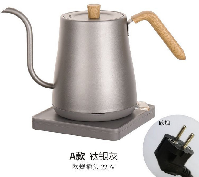 細長嘴電熱水壺 304不鏽鋼 燒水泡茶咖啡專用, 鈦灰色木紋220V歐規插頭