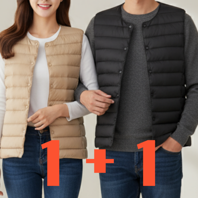 [1+1]프리미엄 웰론 남자 여성 경량 패딩조끼 남녀공용 비비드웰 블랙+카키베이지
