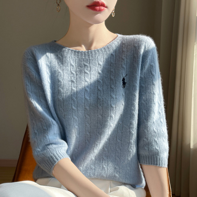 여성 부드러운 라운드넥 슬림핏 5부 니트반팔티 티셔츠LCL152