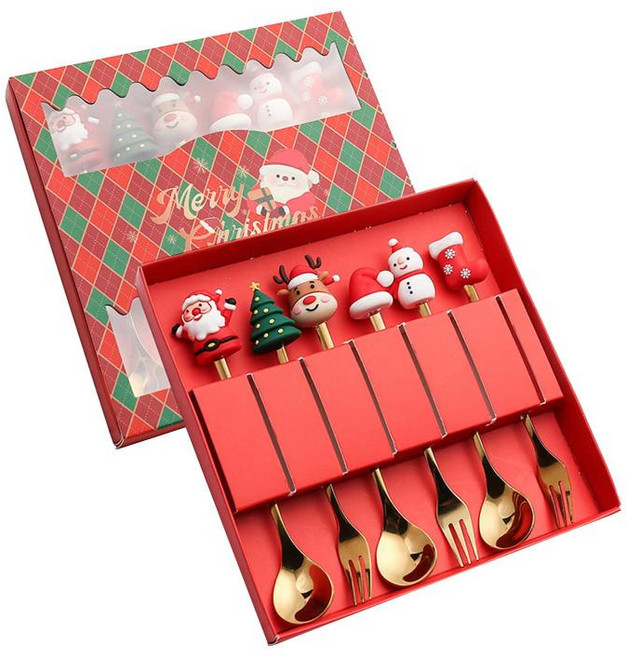 GHSHOP 6Pcs Xmas 칼붙이 키트 선물 상자가있는 스테인레스 스틸 디저트 스푼 포크 커트러리 세트 파티 레스토랑 용 크리스마스 스푼, 18.4cmx18.2cm, 스타일 A, 1개