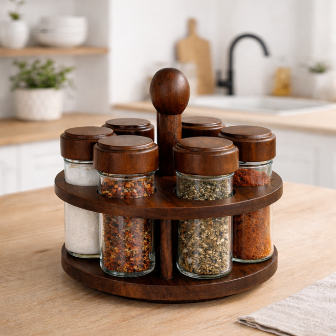 씨스앤홈 빈티지 빌리지 우드 회전 소스통 세트 양념통 유리 조미료통 양념통6개 받침대1개 1세트, 양념통(6개)받침대(1개)