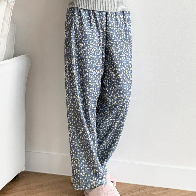 여성 소프트기모 플라워무늬 국산파자마 바지